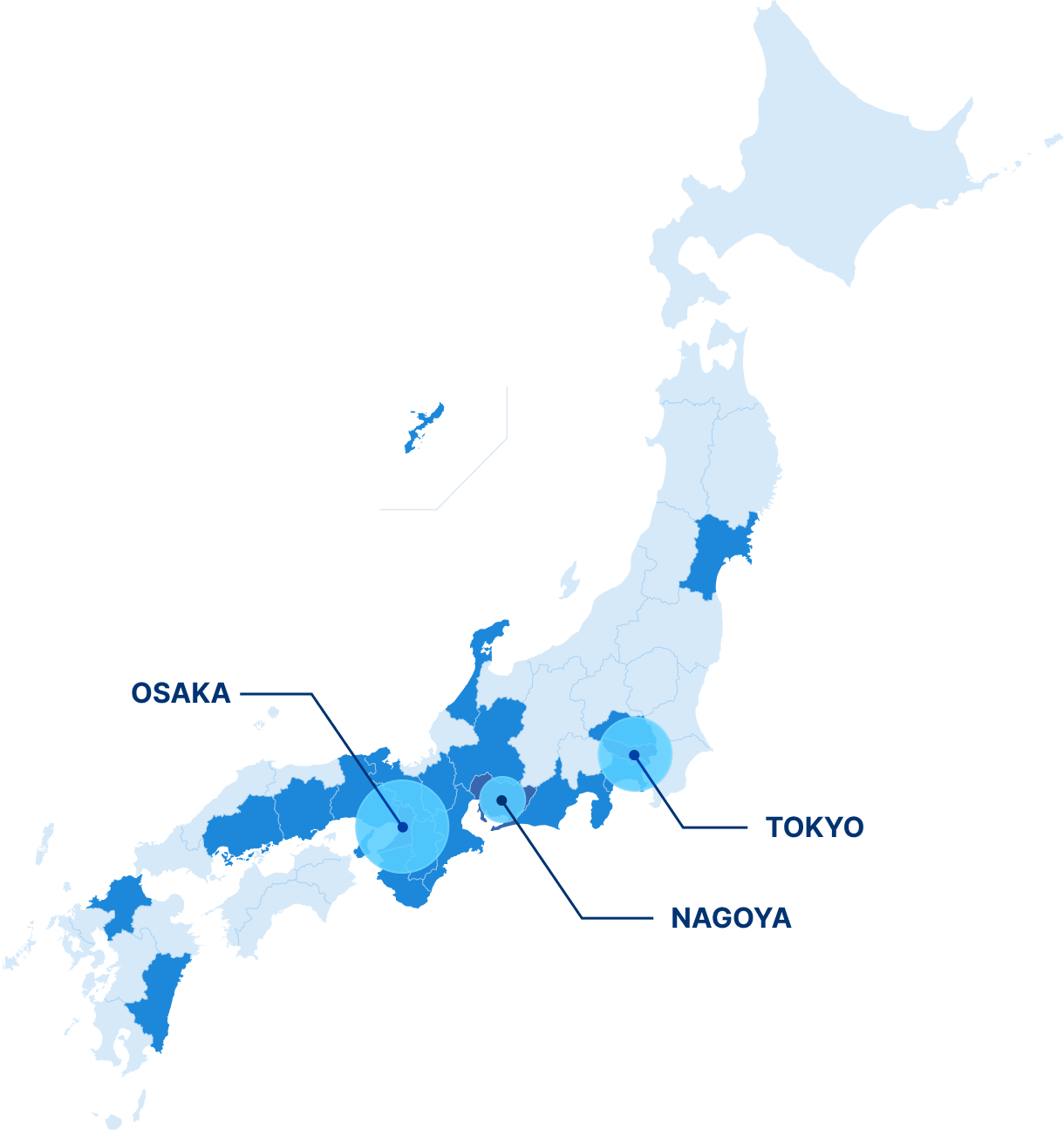 OSAKA NAGOYA TOKYO を示した地図