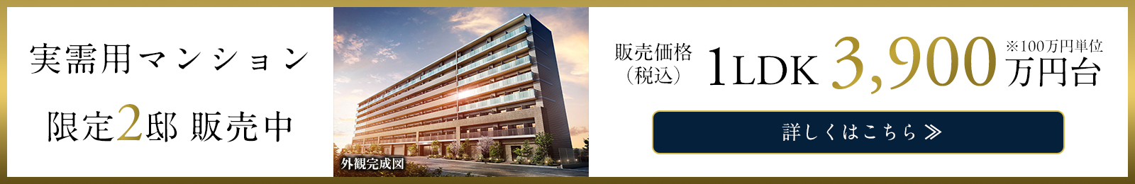 実需用マンション限定2邸販売中 1LDK 3,900万円台 詳しくはこちら