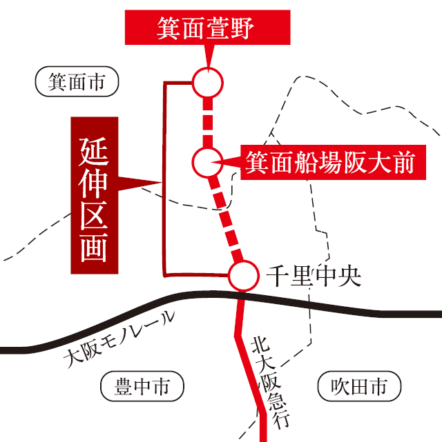 千里中央駅から北に延伸する北大阪急行線。