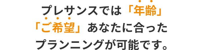 プレサンスでは「年齢」「ご希望」あなたに合った プランニングが可能です。